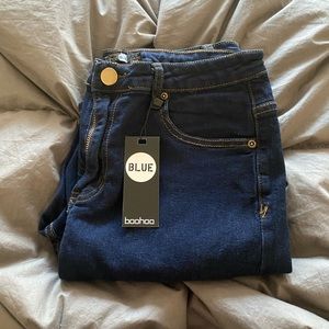 Boohoo Blue High Rise Distressed Skinny Jeans
